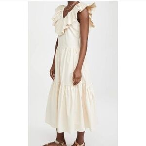 English Factory Midi Dress S Beige Ruffle Neck Sleeveless Cottagecore Girly NWT